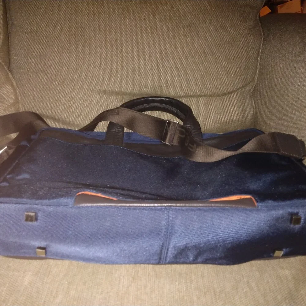 ❤️GIORGIO FEDON Navy and Brown Canvas Leather Laptop Briefcase +Shoulder Strap